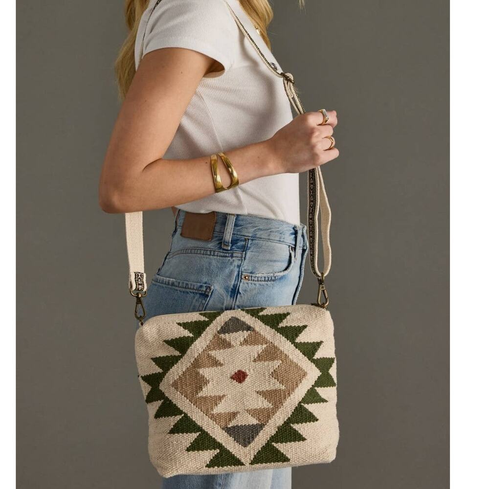 Cream Green Tan Aztec Western Cotton Crossbody